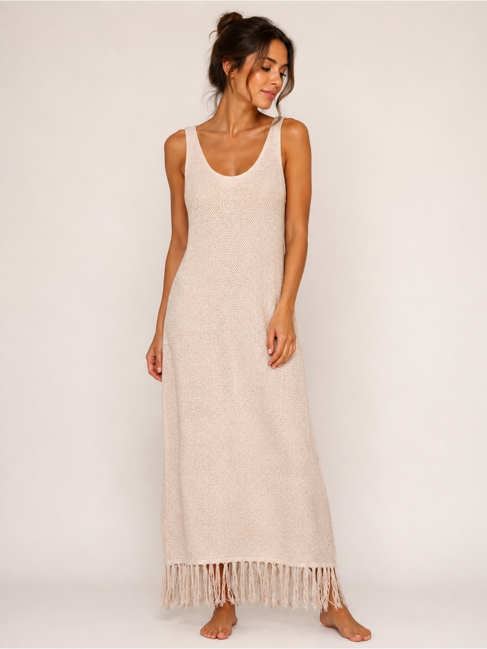 Sleeveless Knit Fringe Maxi Dress in Cream